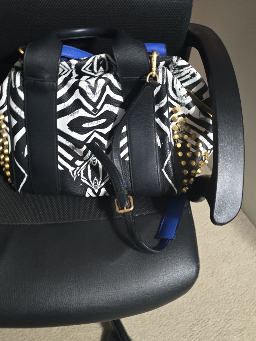 MCM Black & White Patterned Crossbody with Blue Strap and Gold Studs